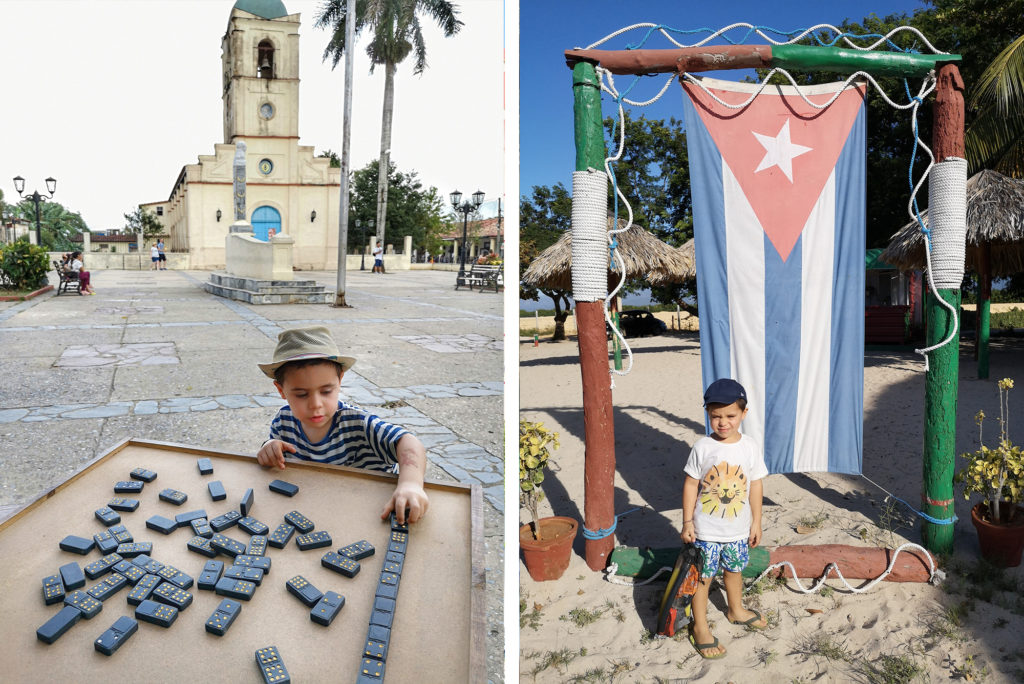 domino nella piazza di Viñales nella foto a sinistra, Playa Ancòn nella foto a destra